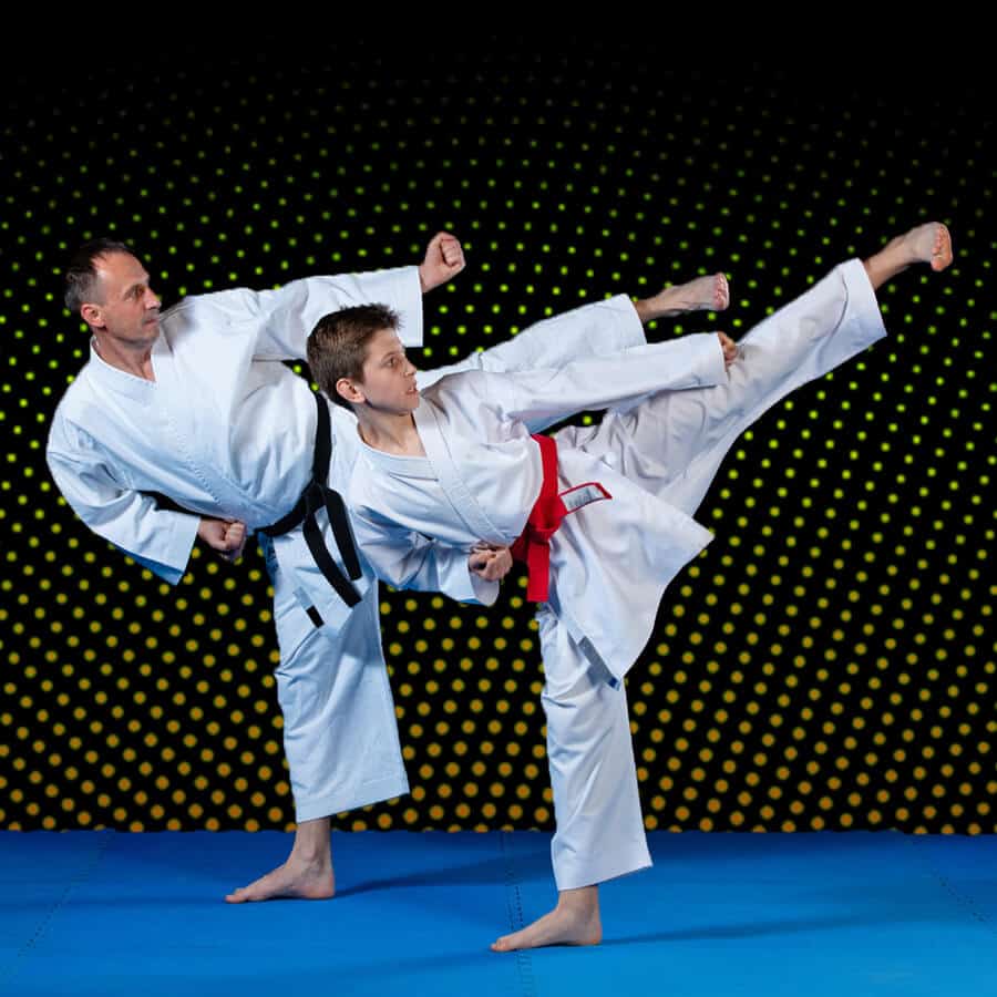 Martial Arts Lessons for Families in Hillsborough NJ - Dad and Son High Kick
